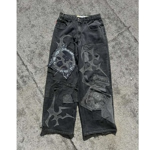Celana Jeans Denim Pria Y2K Gothic Patchwork Model Robek <span class=keywords><strong>Baggy</strong></span> Straight Leg Cargo Pocket Raw Edge Distressing  Supplier OEM/ODM - Product Image 1