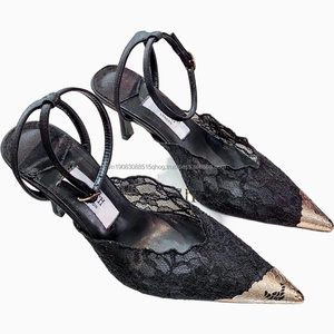 Zapatos de tacón alto de lujo para mujer, con punta en pico, de encaje negro, para novias, de diseñador, para boda, venta al por mayor - Product Image 1