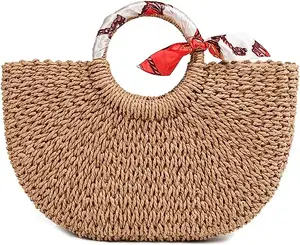 Summer Straw Beach Tote Bag Handmade Large Straw Tote Handbag Women's Handbags And Free Silk Scarves