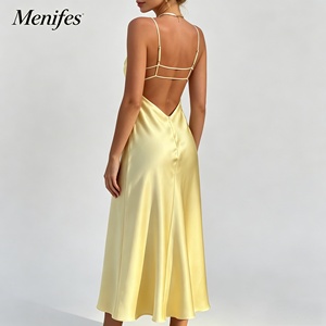 Vestido Midi Elegante Personalizado <span class=keywords><strong>para</strong></span> Mujer, Amarillo Satinado, Cuello en V, Tirantes Finos, Espalda Descubierta, <span class=keywords><strong>para</strong></span> Eventos Formales, Bodas, Cócteles - Product Image 1