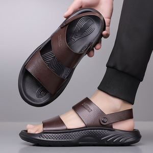T-Strap Genuine Leather Sandals Men Open Toe Rubber Outsole Anti Slip Casual <b>Hook</b> Loop Summer Beach <b>Shoes</b> - Product Image 2