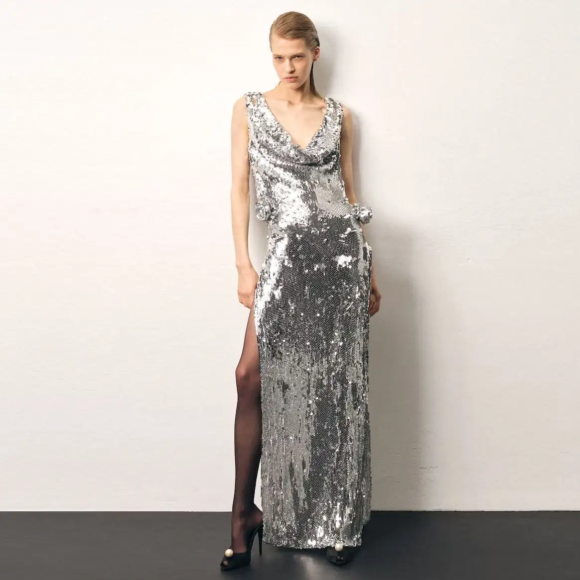 Элегантное длинное женское платье с открытой спиной и блестками, Сексуальное Серебряное роскошное вечернее платье с разрезом