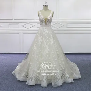 Floor Length Luxury V Neck Princess Ball Gown Floral Lace A Line Bridal Wedding Dress With V Back