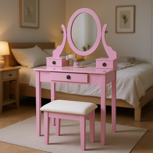 Table de maquillage rose DB Moniys avec miroir et tabouret, design moderne pour chambre à coucher, en bois MDF - Product Image 2