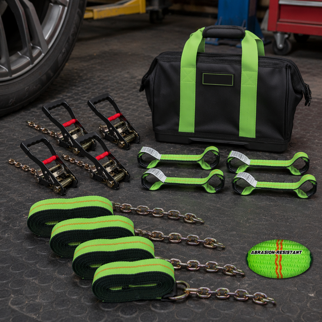 4-Pack Heavy Duty 2 Inch Ratchet Tie Down Straps Set with Chain Anchors and Soft Loops for Vehicle Towing