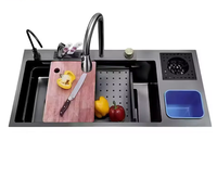 Évier de Cuisine en Acier Inoxydable Fait Main, Design Moderne, Bac Simple Multifonction, avec Robinet Extensible en Nylon