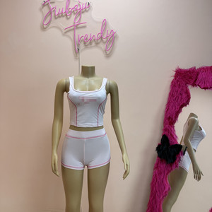 Ensemble deux pièces Y2K décontracté d'été pour <span class=keywords><strong>femme</strong></span> : débardeur court à col carré imprimé lettres et short taille haute – Tenue <span class=keywords><strong>de</strong></span> sport - Product Image 5