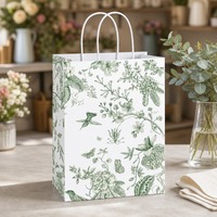 Sac cadeau en papier blanc mat imprimé sur mesure avec poignées en corde de papier torsadée, motif botanique, soufflet latéral et fond plat pour mariage