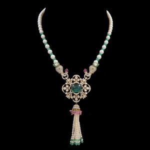 14K Gold Handmade Kundan Polki <b>Necklace</b> with Pearls Pink Green Stones Gold Plated Bridal Ethnic <b>Statement</b> Jewelry for Women - Product Image 1