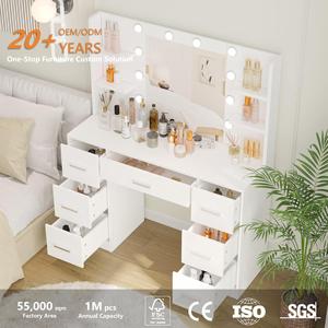 Coiffeuse blanche avec 7 tiroirs de rangement et miroir éclairé pour salon de beauté et studio, meuble en panneau MDF - Product Image 2