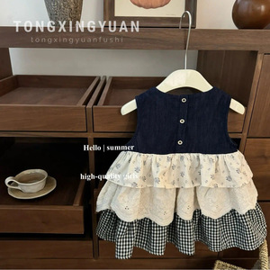 Tongxingyuan Sleeveless Vest Dress For Baby Girls Denim Floral Plaid <b>Patchwork</b> Tiered <b>Skirt</b> Breathable Summer Wear - Product Image 2