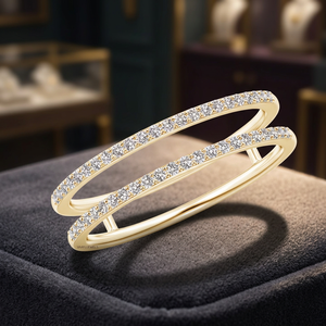 Anillo de compromiso moderno de doble fila con diamantes cultivados en laboratorio y pavé abierto para mujer en oro de 10K, 14K, 18K y plata 925, 935 - Product Image 1