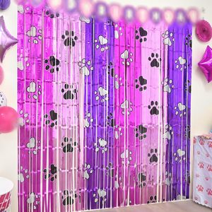 Cortina de Flecos Metálicos con Estampado de Huellas de Perro en Rosa y Morado, Fondo de Lentejuelas para Decoración de Fiestas de Cumpleaños con Temática de Mascotas, Personalizable - Product Image 1