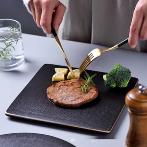 custom 6/7/8/9/10/12 inch restaurant hotel dish salad steak sushi ceramic stone plates Frosted gold rim dinner black SLATE plate