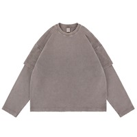 Camiseta de manga larga para hombre, estilo streetwear, vintage, lavada, de punto gofrado, de doble capa, personalizada