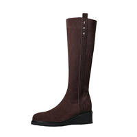 Bottes d'équitation d'hiver pour femme en cuir véritable, à bout rond, montantes, avec fermeture éclair, talon compensé et boucle décorative