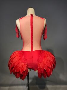 Body de plumas rojas, sexy, para mujer, espectáculo, disfraz de gogo, discoteca, cantante, ropa de fiesta, vestido - Product Image 2