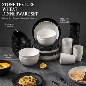 Dinnerware Set Modern Stone Texture Unbreakable Wheat Fiber Plastic <b>Plates</b> Bowls Set <b>Black</b> White for Home Restaurant Hotel Use - Product Image 2