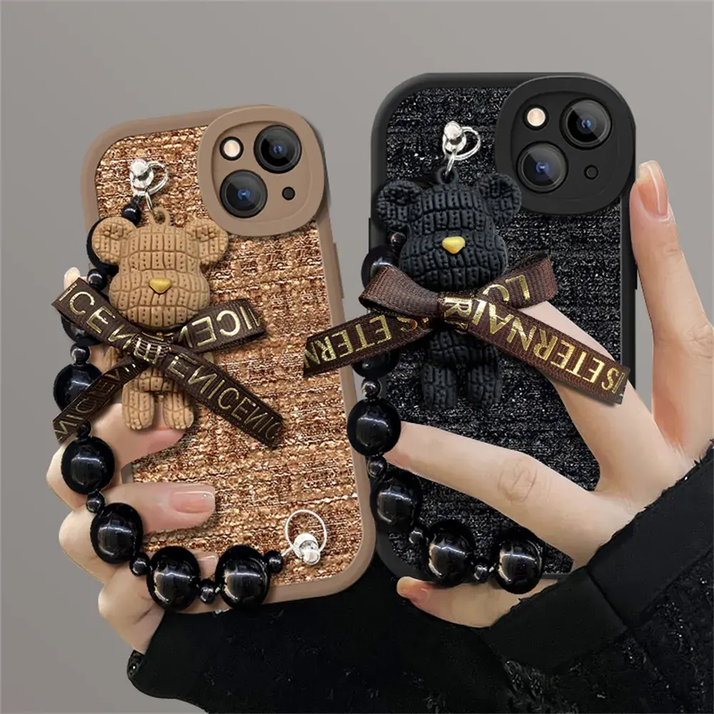 Korean Cute Cartoon 3D Bear Wrist Chain Woolen Lattice Soft Case For iPhone 15 14 13 12 Pro Max 11 X XS XR Lens Protective Cover