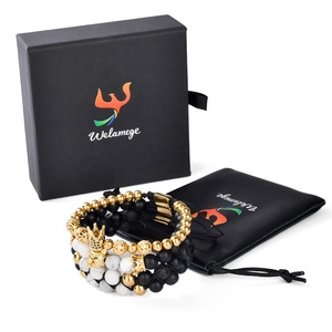 F473 18k altın üretici doğal yuvarlak akik oniks taş streç boncuklu bilezik setleri - Product Image 6