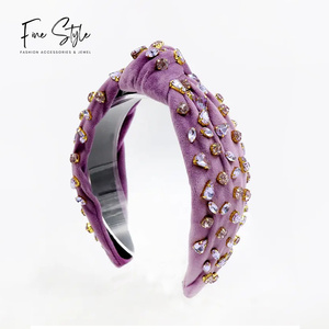 Finestyle colore viola fodera in finta pelle scamosciata tessuto turbante in <span class=keywords><strong>velluto</strong></span> materiale fascia moda fatta a mano con cristalli - Product Image 1