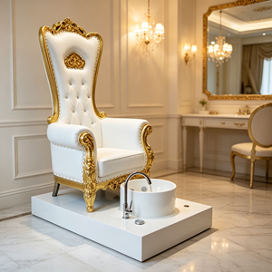 Fauteuil de pédicure sculpté Royal Gold, fauteuil de massage des pieds à dossier haut, en cuir PU blanc, station de pédicure avec bassin pour les pieds - Product Image 3