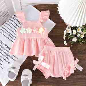 Conjunto de Verano para Bebés Niñas, Color Sólido, Manga con Volantes, Top con Estampado Floral, Pantalones Cortos con Lazo, Atuendo Adorable - Product Image 1