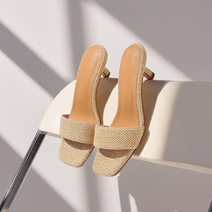 Sandales à talon chaton en raphia, talons bas de 5 cm, bout carré ouvert, pour femme, à enfiler, chaussures décontractées d'été pour les vacances - Product Image 1