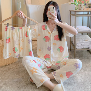 Bahar ve yaz kısa kollu uzun pantolon üç parçalı pijama kadın hırka süt ipek gevşek takım elbise - Product Image 5