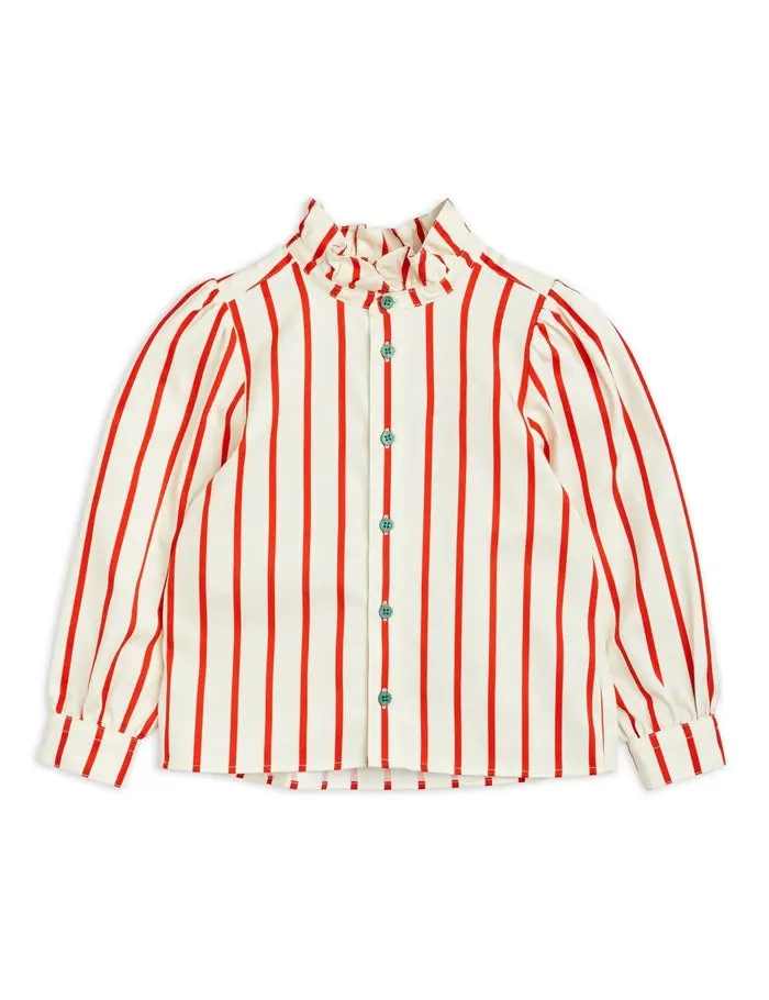 Custom Little Girls Long Sleeve Stripe Woven Blouse Cotton Vintage Ruffle Shirts Printed Button Down Tops Regular Fit Teen Girls