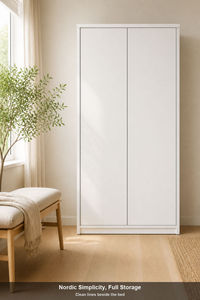 Lemari Pakaian Kayu Panel Datar Putih Nordik Bersertifikasi ENF, Lemari Skandinavia KD, Kabinet Penyimpanan Pintu Ganda untuk Kamar Tidur - Product Image 6