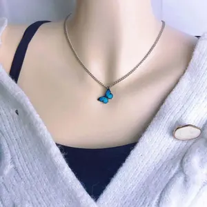 Direct Factory Price Gold Plated Stainless Steel Blue Women Necklace Butterfly For Sweet
