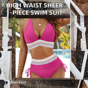 ชุดว่ายน้ำวันพีซเอวสูงสุดฮิตสำหรับผู้หญิง ชุดบิกินี่เซ็กซี่แบบซีทรูสำหรับใส่ไปชายหาด พร้อมเข็มขัดตกแต่งโลโก้ด้านหน้า มีบริการ OEM - Product Image 2