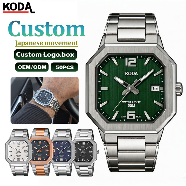 Men's Stainless Steel Quartz Watch 50M Water Resistant Luxury Business Style Simple Pointer 38mm Dial Octagon Shape Analog Blue