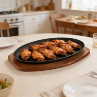 Plaque de cuisson ovale en fonte avec base en bois, antiadhésive, pour steak, idéale pour la maison, les restaurants et les barbecues – Offre Spéciale