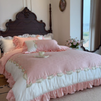 Parure de lit 4 pièces en satin jacquard 100 % coton, luxueuse, avec jupe de lit matelassée à volants en dentelle
