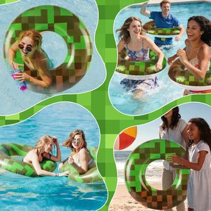 2 Pack Pixel Grass Block Themed <b>Inflatable</b> Swim Rings for Pool Beach - Product Image 6
