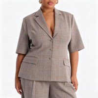 Ensemble coordonné formel de bureau pour femmes grandes tailles, motif écossais, blazer ajusté à manches trois-quarts et pantalon taille haute à jambes larges, S-6XL