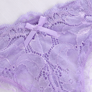 Hot Selling Cute Purple Floral Embroidery Lace T-back Thong <strong>Frilly</strong> Lace Trim Satin Bow Decor Low Rise Ladies Soft Underwear - Product Image 3