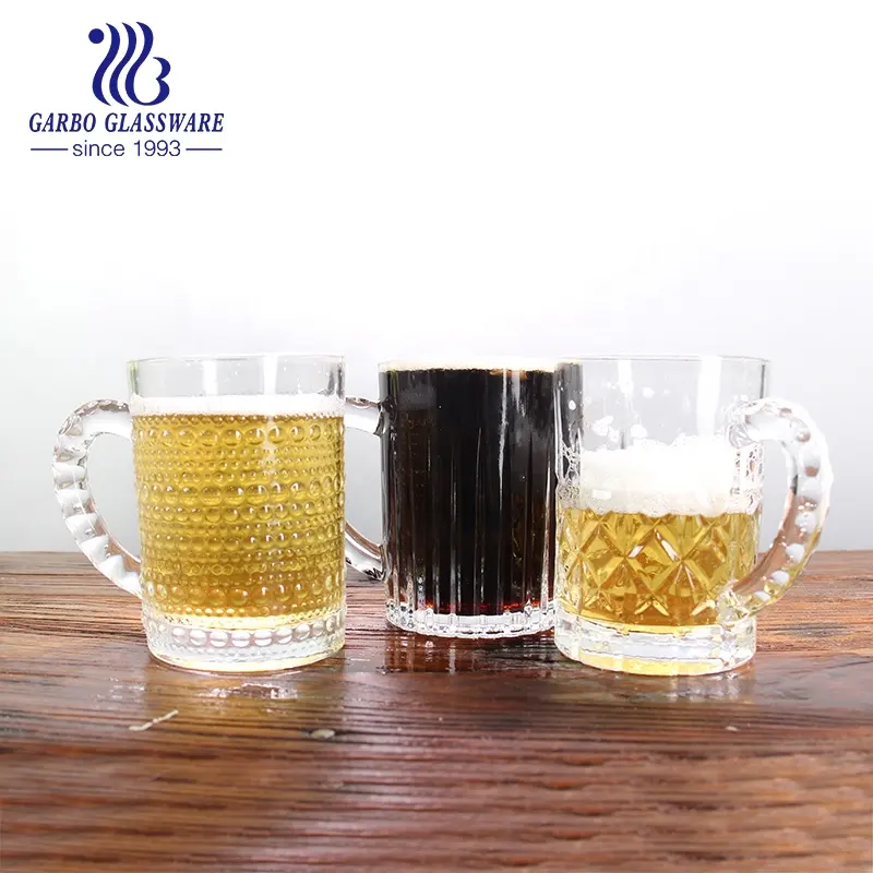 Taza de cristal con patrón grabado transparente para Bar y Casa, vaso de gran tamaño de 400ml con diseño de puntos, para bebidas, vino y cerveza, con mango, precio barato