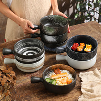 Bol à soupe rond en céramique avec poignée, glaçure réactive, pour riz, soupe, salade, bol de service vintage en grès pour nouilles