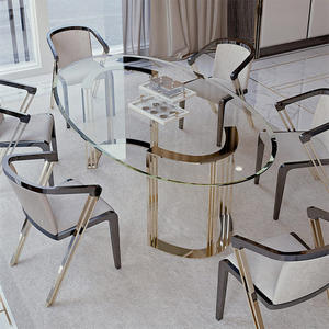 Juego de Mesa y Sillas de Comedor de Lujo Redondas y Ovaladas de Madera y Vidrio Brillante, con Patas Doradas, para 6, 8, 10 o 12 Personas, para Casa o Villa - Product Image 2