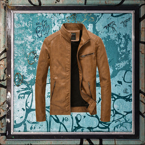 Chaqueta de Cuero PU con Cuello Alto Marrón para Hombre, Ropa Exterior Casual de Motocicleta, Resistente al Viento e Impermeable para Otoño e Invierno - Product Image 2
