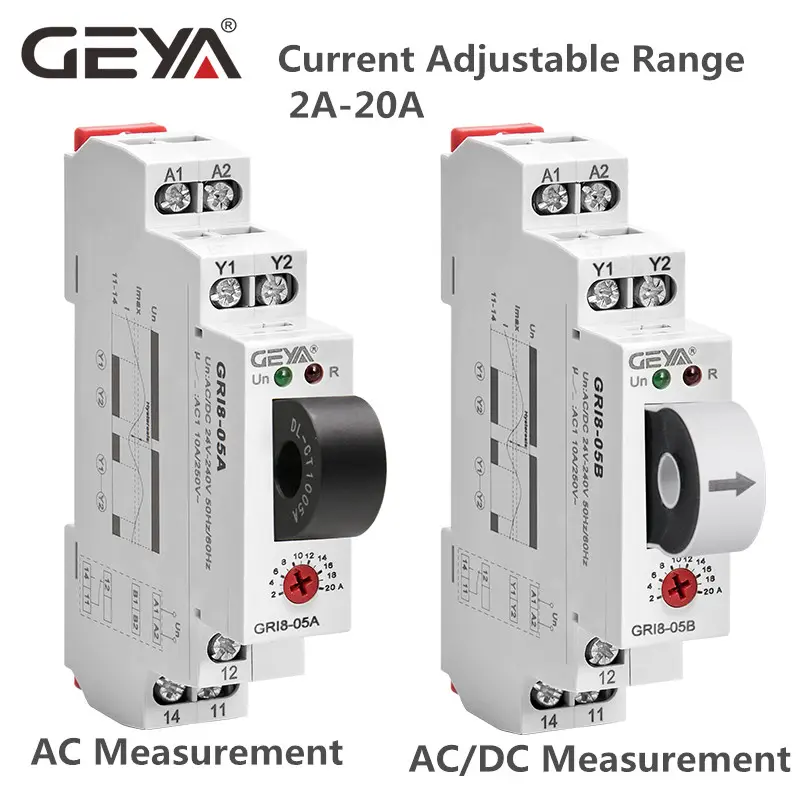 GEYA GRI8-05 AC או DC הנוכחי שליטת איזון ממסר 2A-20A AC24V-240V זרם יתר הגנה סמויה ממסרים