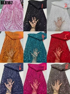 Nhà Máy Giá Bridal sequin lưới thêu ren vải pháp Magenta Tulle <span class=keywords><strong>Paris</strong></span> Wedding Dress lưới ren vải với hạt - Product Image 6