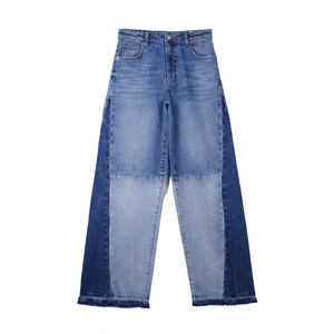 Jean décontracté pour femme, coupe large et décontractée, en denim délavé trois tons (clair, moyen et foncé), avec détails rivets, idéal pour les soirées. - Product Image 1