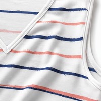 Robe Courte Femme en Coton Lavé 180g, Coupe Trapèze Décontractée, Sans Manches, Col en V, Rayures Graphiques, Style Riviera Française, Été Naturel, Vente en Gros