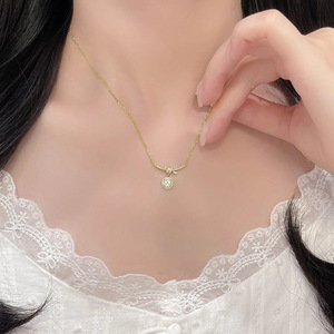 Dainty Round Cut VVS1 GRA Moissanite Square Necklace with Twist <b>Bow</b> Design Copper 14K Gold Filled Daily Wear Jewellery for Women - Product Image 2