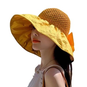 Sombrero de Sol para Mujer, Estilo Vacaciones en la Playa, Ala Ancha, Transpirable, Diseño Calado con Lazo, Protección Solar - Product Image 5