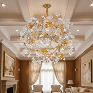 Lampadario in Rame con Decorazioni in Vetro a Forma di Foglia, Illuminazione Moderna di Alta Gamma Personalizzata per Soggiorno, Sala da Pranzo e Camera da Letto - Product Image 2